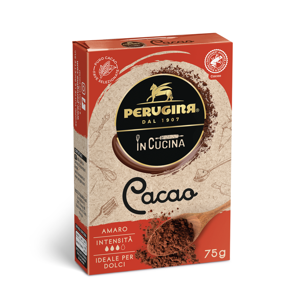 Cacao Amaro Perugina in formato 75g, senza glutine, regalerà dolci e bevande un gusto intenso e avvolgente.